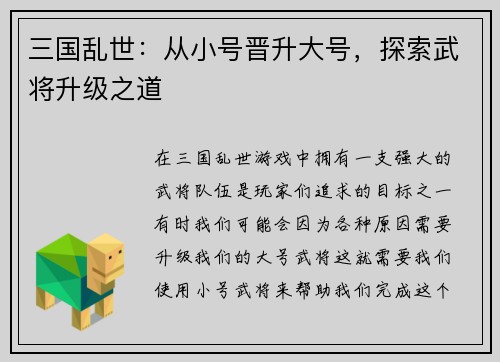 三国乱世：从小号晋升大号，探索武将升级之道