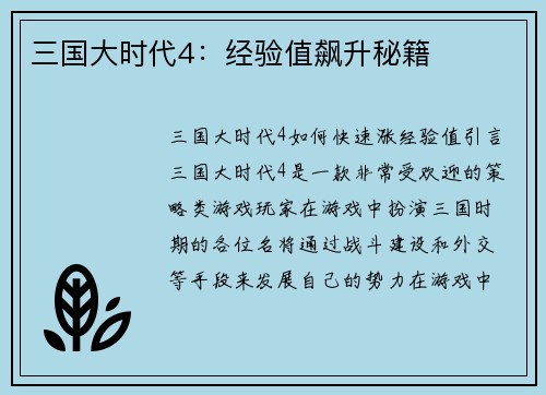 三国大时代4：经验值飙升秘籍