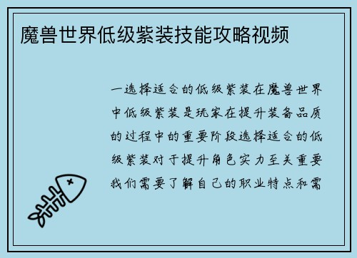 魔兽世界低级紫装技能攻略视频